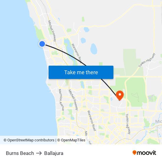 Burns Beach to Ballajura map