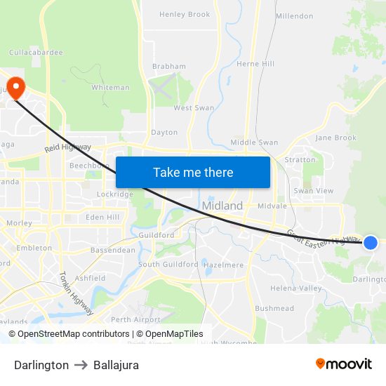 Darlington to Ballajura map