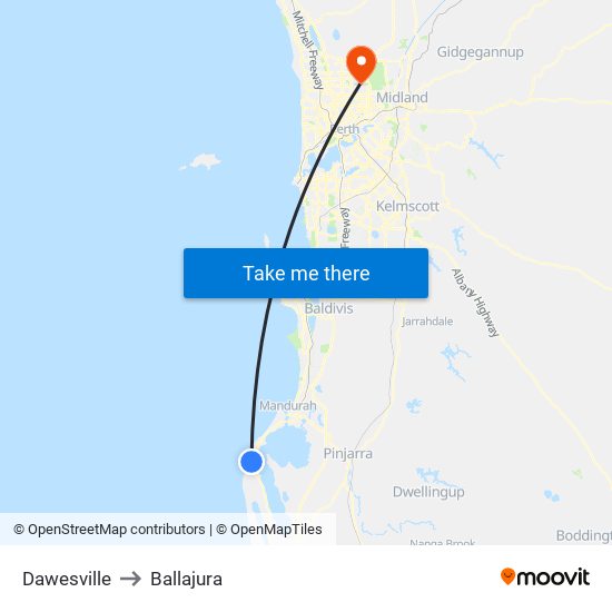 Dawesville to Ballajura map