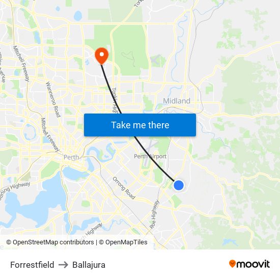 Forrestfield to Ballajura map