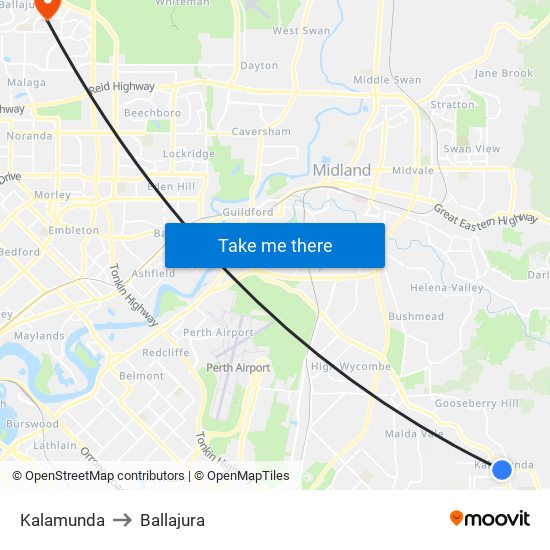 Kalamunda to Ballajura map