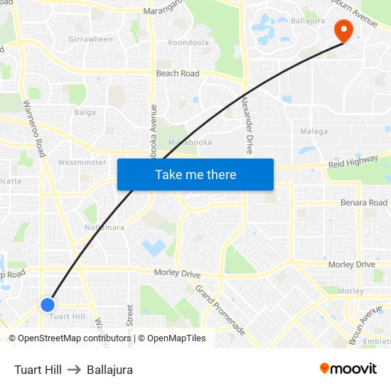 Tuart Hill to Ballajura map