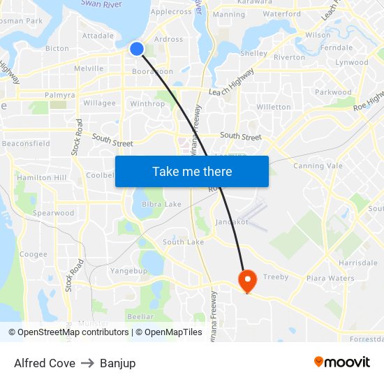 Alfred Cove to Banjup map