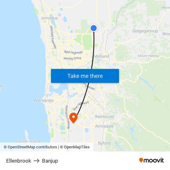 Ellenbrook to Banjup map