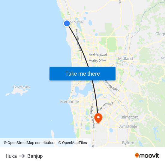 Iluka to Banjup map