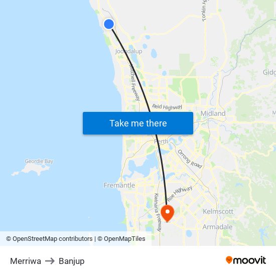 Merriwa to Banjup map
