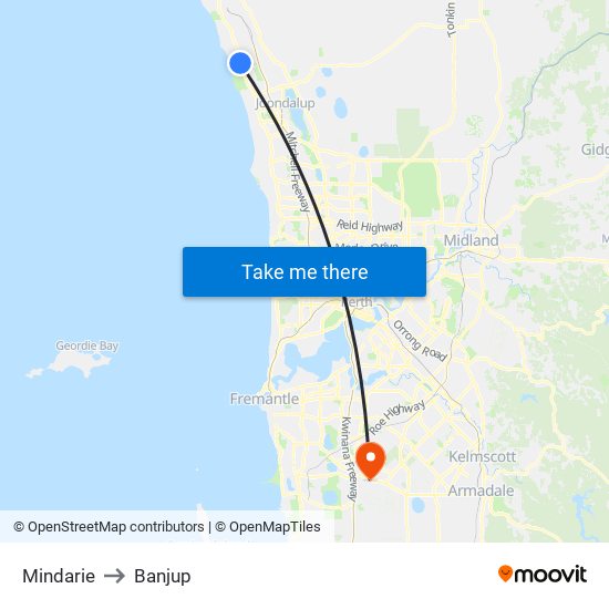 Mindarie to Banjup map