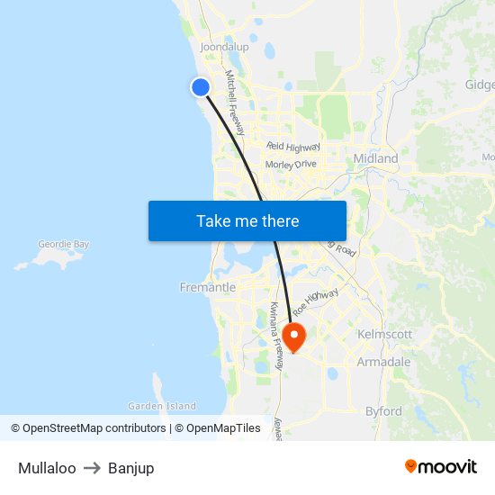 Mullaloo to Banjup map