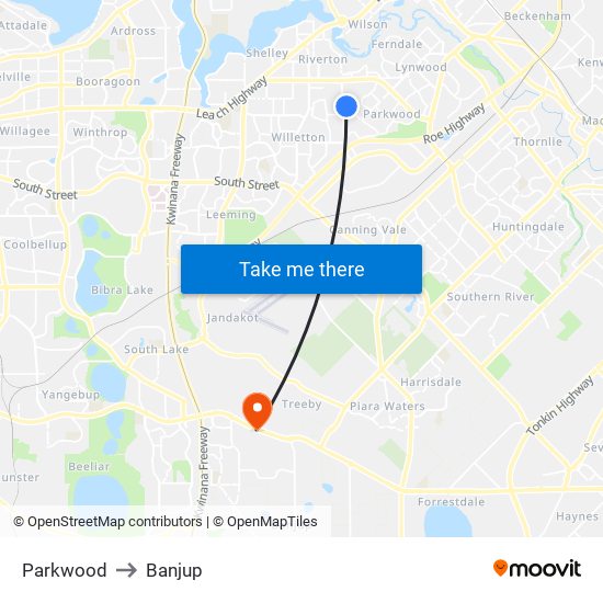 Parkwood to Banjup map