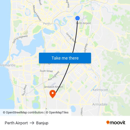 Perth Airport to Banjup map
