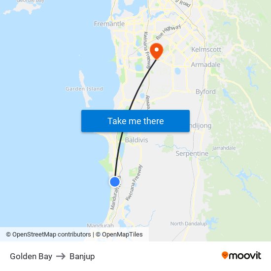 Golden Bay to Banjup map