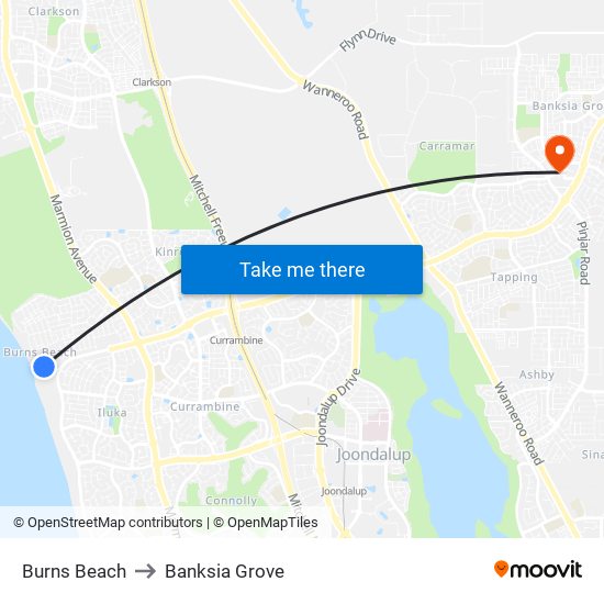 Burns Beach to Banksia Grove map