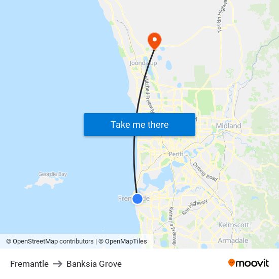 Fremantle to Banksia Grove map