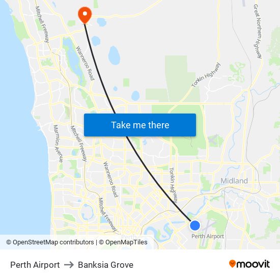 Perth Airport to Banksia Grove map