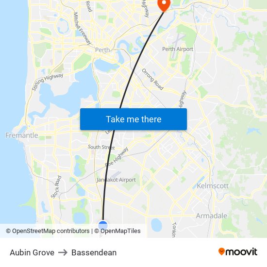 Aubin Grove to Bassendean map