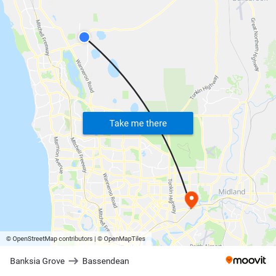 Banksia Grove to Bassendean map