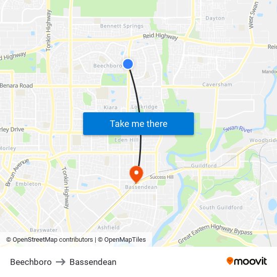 Beechboro to Bassendean map