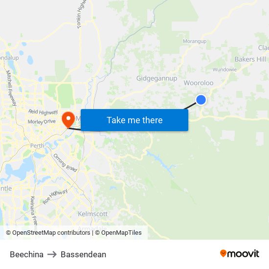 Beechina to Bassendean map