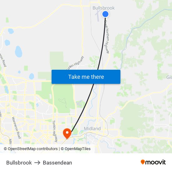 Bullsbrook to Bassendean map