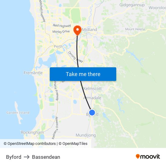 Byford to Bassendean map