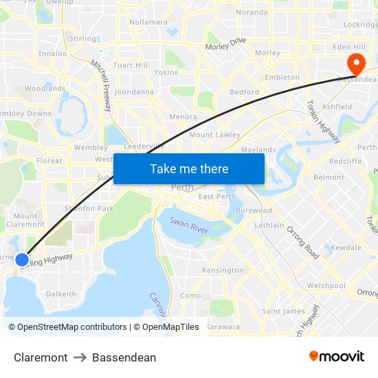 Claremont to Bassendean map