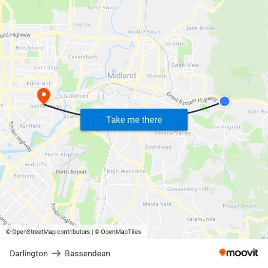 Darlington to Bassendean map
