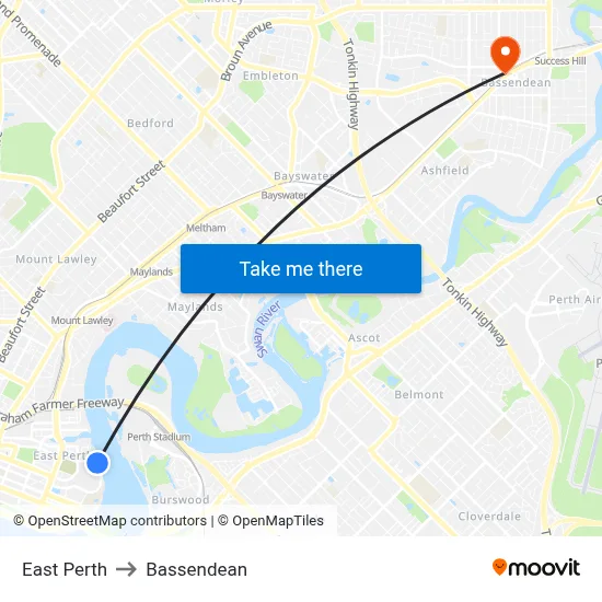 East Perth to Bassendean map