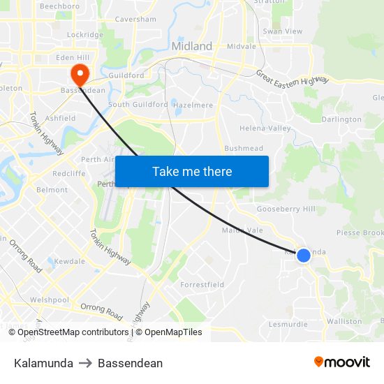 Kalamunda to Bassendean map