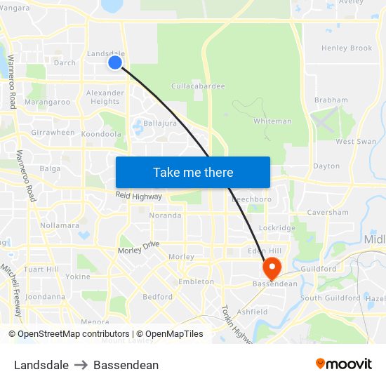 Landsdale to Bassendean map