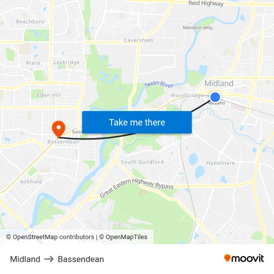Midland to Bassendean map