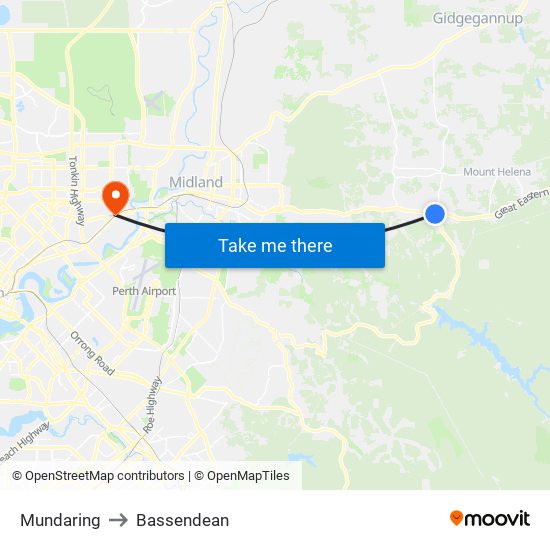 Mundaring to Bassendean map