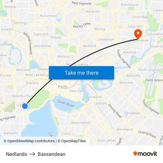 Nedlands to Bassendean map