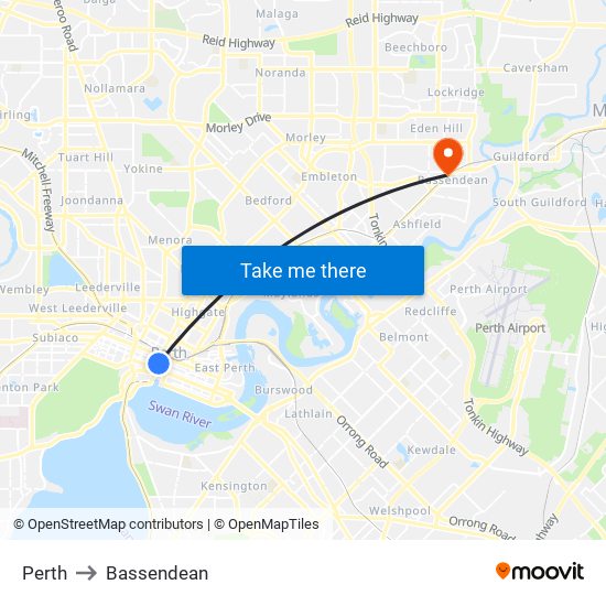 Perth to Bassendean map