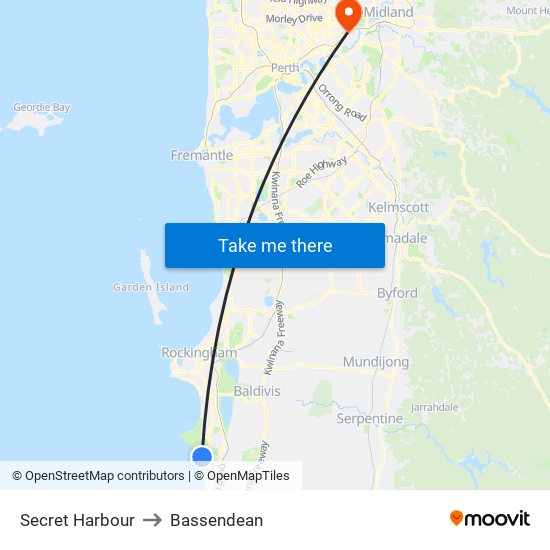 Secret Harbour to Bassendean map