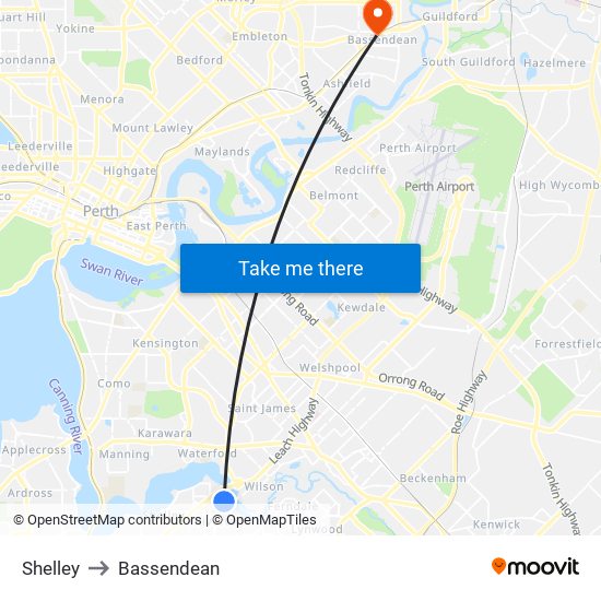 Shelley to Bassendean map