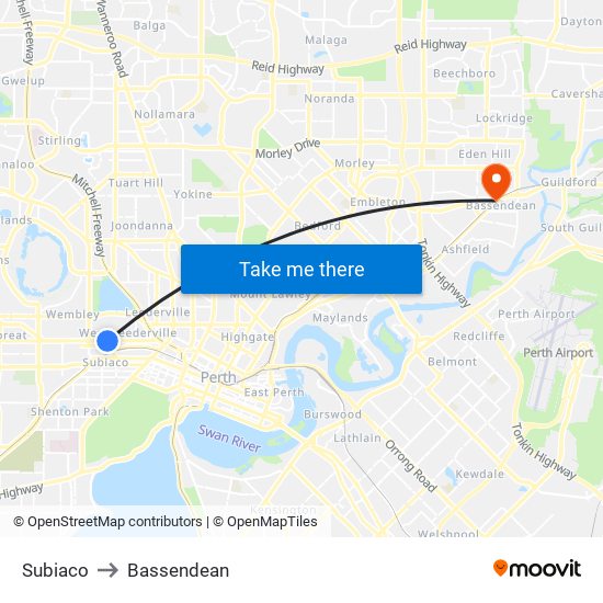 Subiaco to Bassendean map