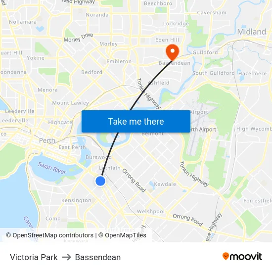 Victoria Park to Bassendean map