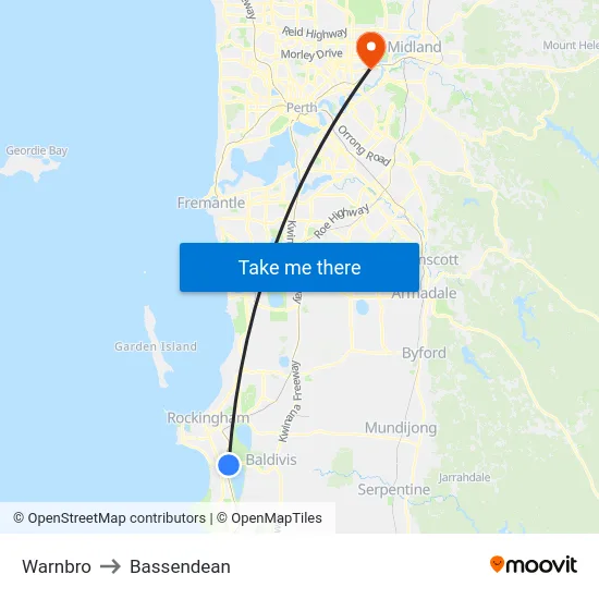 Warnbro to Bassendean map