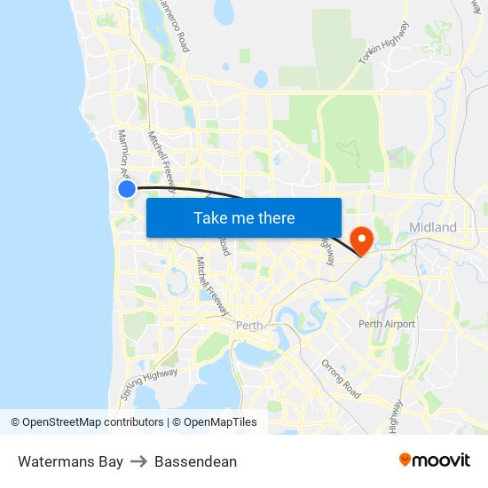 Watermans Bay to Bassendean map