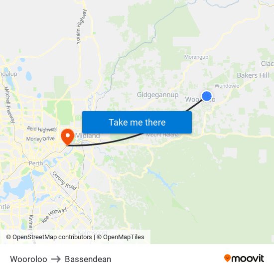 Wooroloo to Bassendean map