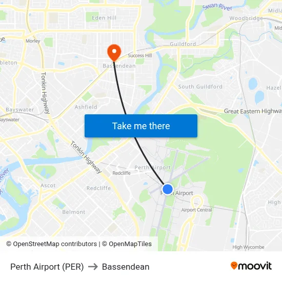 Perth Airport (PER) to Bassendean map