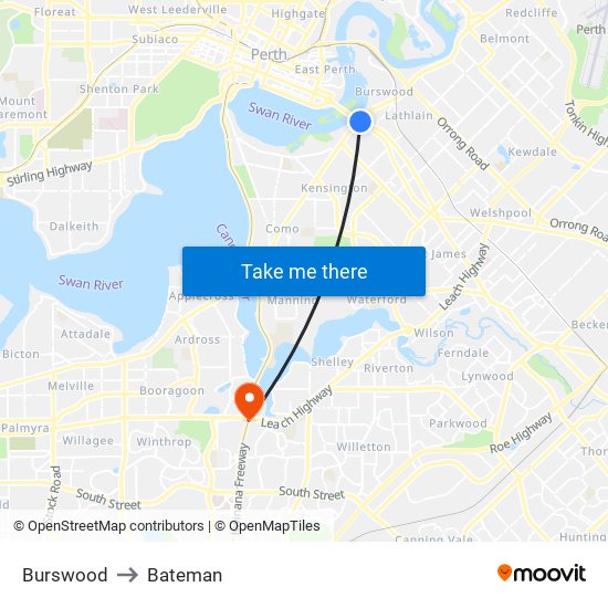 Burswood to Bateman map