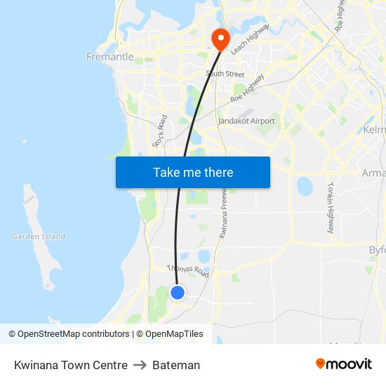 Kwinana Town Centre to Bateman map