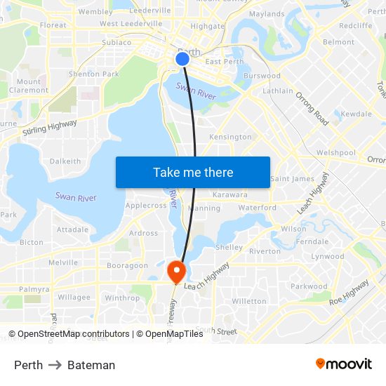 Perth to Bateman map