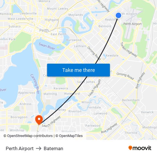 Perth Airport to Bateman map