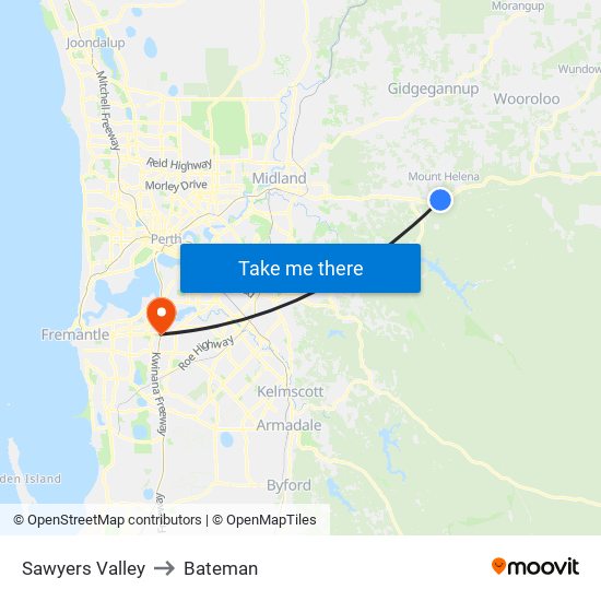 Sawyers Valley to Bateman map