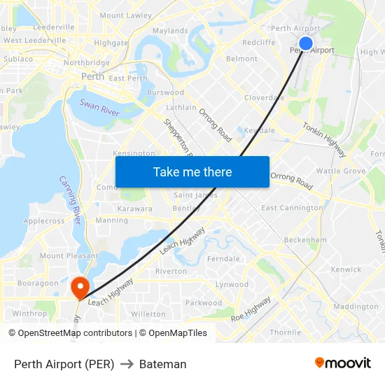 Perth Airport (PER) to Bateman map