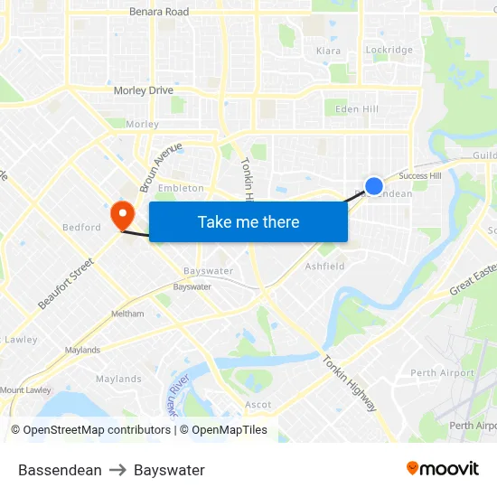 Bassendean to Bayswater map