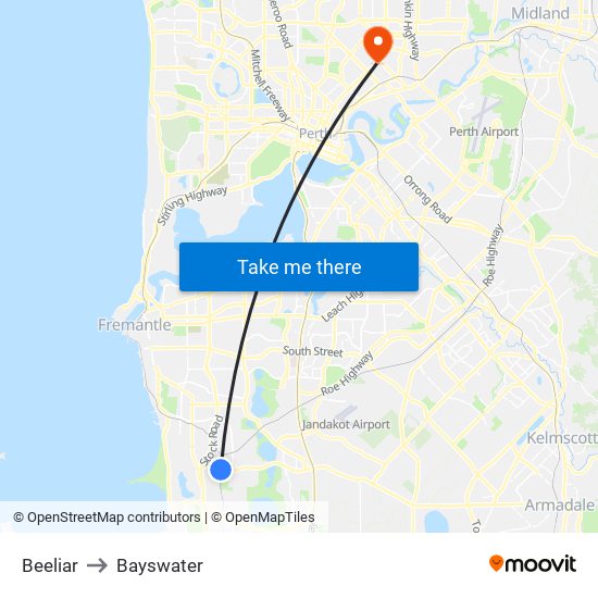 Beeliar to Bayswater map