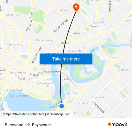 Burswood to Bayswater map